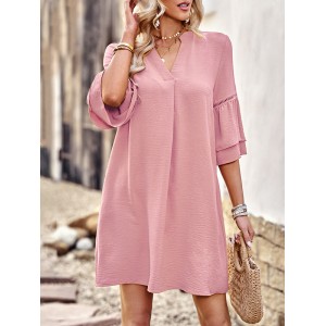 Falbala Solid Color Loose Short Sleeves V-Neck Mini Dresses