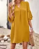 Falbala Solid Color Loose Short Sleeves V-Neck Mini Dresses