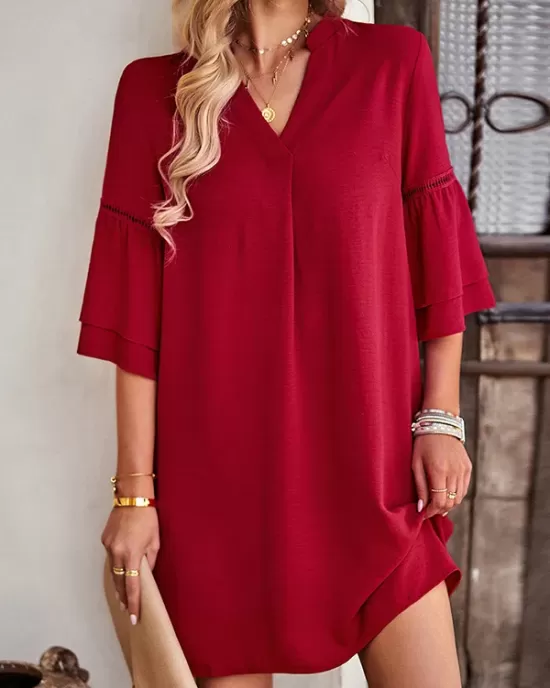 Falbala Solid Color Loose Short Sleeves V-Neck Mini Dresses