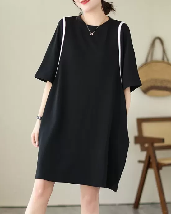 Split-Joint Loose Short Sleeves Round-Neck Mini Dresses