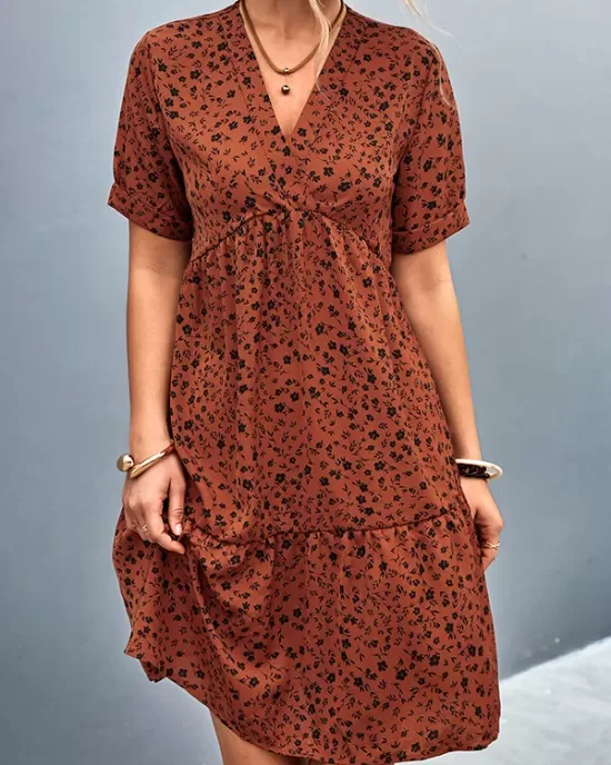 Flower Print Split-Joint Short Sleeves V-Neck Mini Dresses