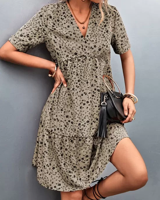 Flower Print Split-Joint Short Sleeves V-Neck Mini Dresses