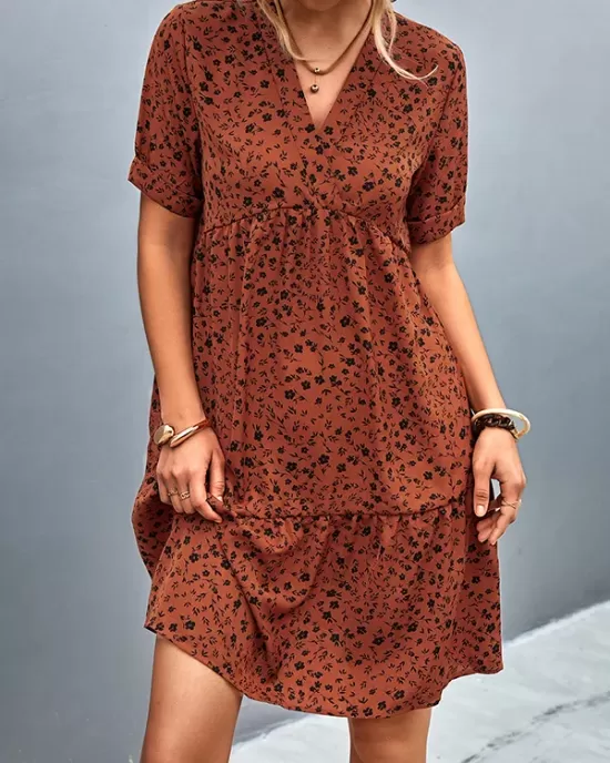 Flower Print Split-Joint Short Sleeves V-Neck Mini Dresses