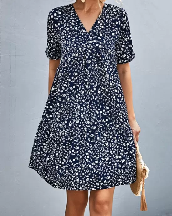 Flower Print Split-Joint Short Sleeves V-Neck Mini Dresses