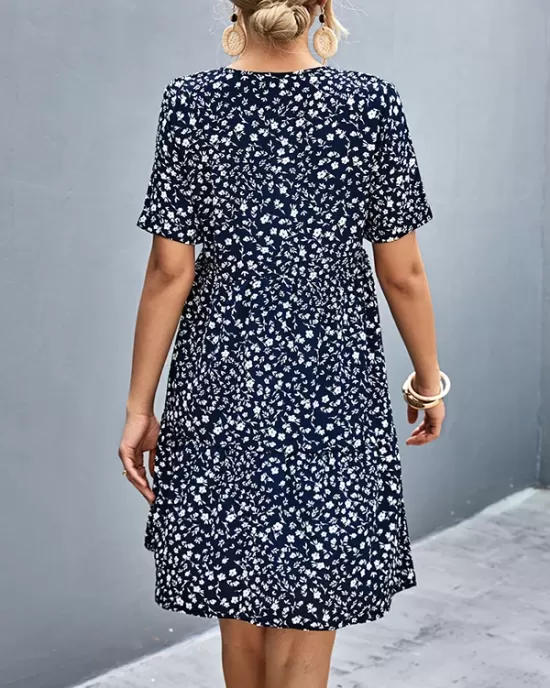 Flower Print Split-Joint Short Sleeves V-Neck Mini Dresses