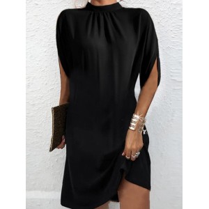 Solid Color Loose Raglan Sleeve Mock Neck Mini Dresses