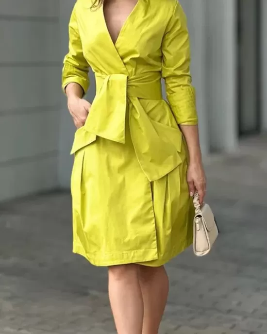 Long Sleeves Solid Color Tied Waist Deep V-Neck Mini Dresses