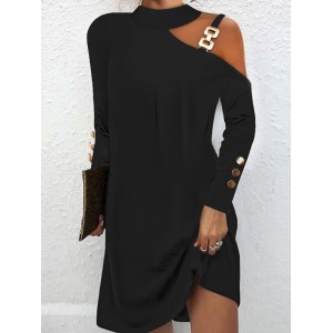 Asymmetric Buckle Buttoned Hollow Long Sleeves Loose One-Shoulder Mini Dresses