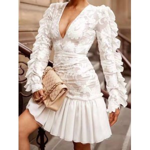 Embroidered Pleated Ruffled Solid Color Split-Joint Long Sleeves Plus Size Deep V-Neck Mini Dresses