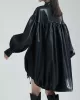 Drawstring Pleated Solid Color High-Low Long Sleeves Stand Collar Mini Dresses