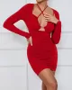 Hollow Pleated Solid Color Bodycon Long Sleeves Deep V-Neck Mini Dresses