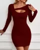 Asymmetric Hollow Solid Color Bodycon Long Sleeves Asymmetric Collar Mini Dresses