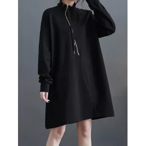 Asymmetric Split-Joint Zipper A-Line Long Sleeves Mock Neck Sweatershirt Mini Dresses