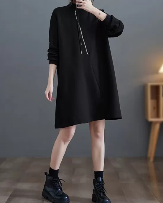 Asymmetric Split-Joint Zipper A-Line Long Sleeves Mock Neck Sweatershirt Mini Dresses