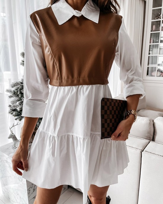 Contrast Color Pleated Split-Joint Long Sleeves Loose Lapel Mini Dresses