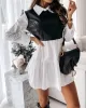 Contrast Color Pleated Split-Joint Long Sleeves Loose Lapel Mini Dresses