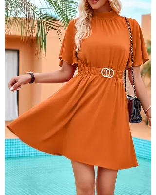 Belted Elasticity A-Line Flared Sleeves Mock Neck Mini Dresses