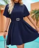 Belted Elasticity A-Line Flared Sleeves Mock Neck Mini Dresses