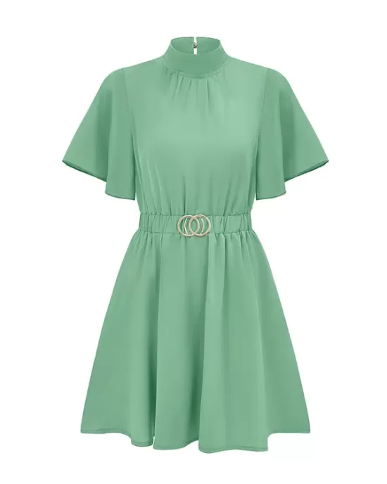 Belted Elasticity A-Line Flared Sleeves Mock Neck Mini Dresses