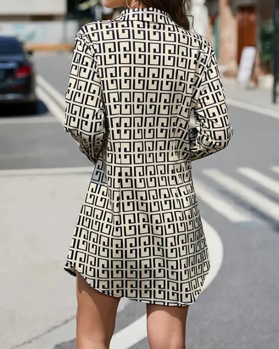 Buttoned Contrast Color Printed Long Sleeves Lapel Mini Dresses