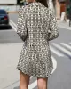 Buttoned Contrast Color Printed Long Sleeves Lapel Mini Dresses