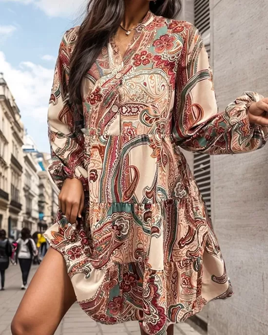 Buttoned Flower Print Split-Joint Long Sleeves Loose V-neck Mini Dresses