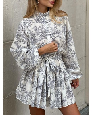 Pleated Printed Split-Joint Tied Waist Loose Puff Sleeves Stand Collar Mini Dresses