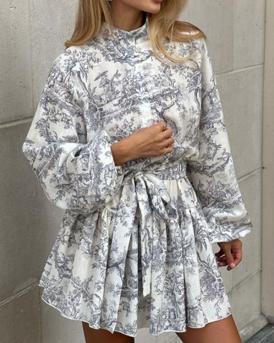 Pleated Printed Split-Joint Tied Waist Loose Puff Sleeves Stand Collar Mini Dresses