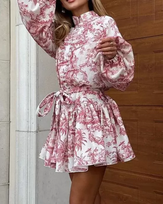 Pleated Printed Split-Joint Tied Waist Loose Puff Sleeves Stand Collar Mini Dresses