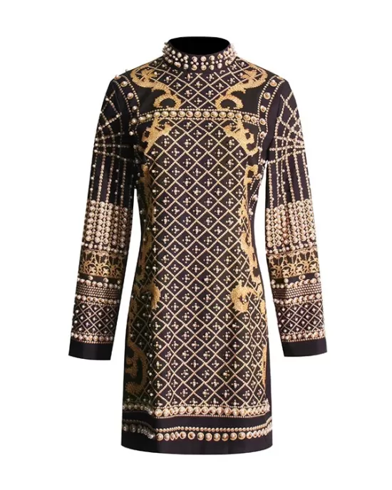 Beaded Long Sleeves High Neck Mini Dresses