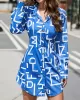 Buttoned Contrast Color Letter Print Long Sleeves Lapel Mini Dresses