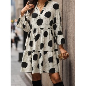 Pleated Polka-Dot Split-Joint A-line Flared Sleeves V-neck Mini Dresses