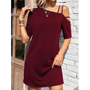 Asymmetric Solid Color Loose Short Sleeves One-shoulder Mini Dresses