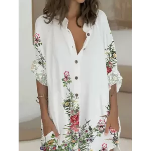 Buttoned Flower Print Long Sleeves Loose Lapel Shirt Dress Mini Dresses