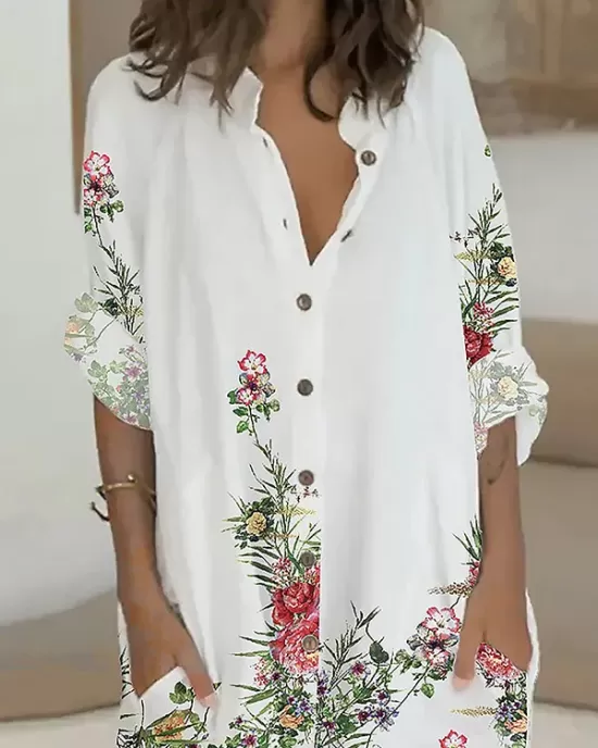 Buttoned Flower Print Long Sleeves Loose Lapel Shirt Dress Mini Dresses