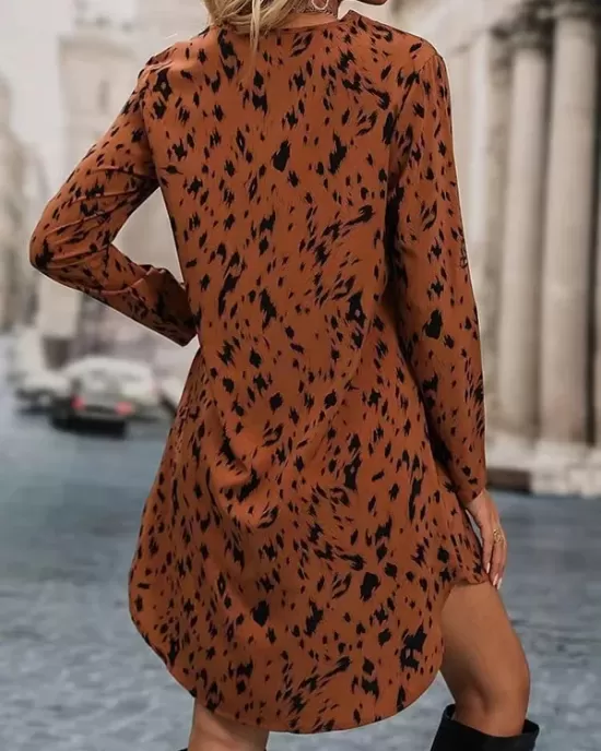 Leopard High-Low Long Sleeves V-Neck Mini Dresses