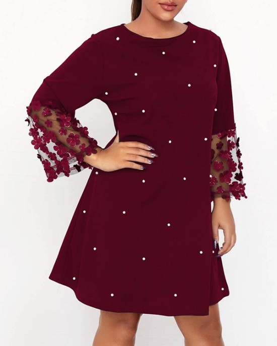 Mesh Polka-Dot Split-Joint Three-Dimensional Flower A-line Loose Round-neck Mini Dresses