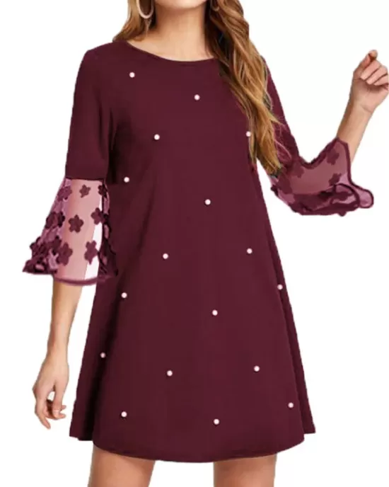 Mesh Polka-Dot Split-Joint Three-Dimensional Flower A-line Loose Round-neck Mini Dresses