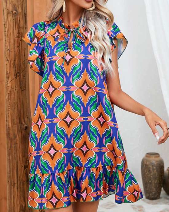 Hollow Pleated Printed Split-Joint Tied A-Line High Waisted Round-Neck Mini Dresses