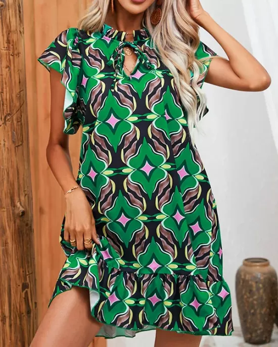 Hollow Pleated Printed Split-Joint Tied A-Line High Waisted Round-Neck Mini Dresses