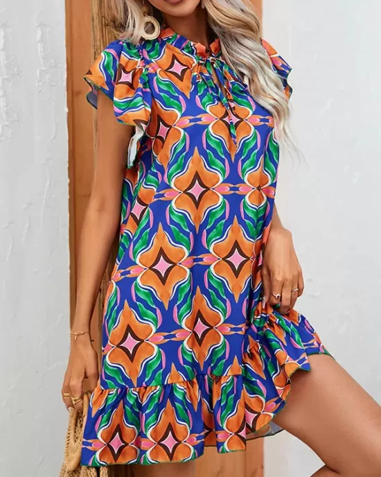 Hollow Pleated Printed Split-Joint Tied A-Line High Waisted Round-Neck Mini Dresses