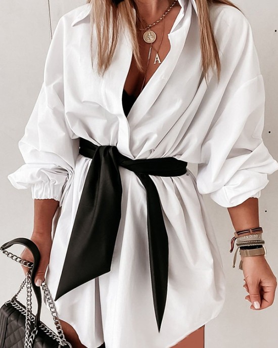 Elasticity Tied Waist Long Sleeves Loose Lapel Shirt Dress Mini Dresses