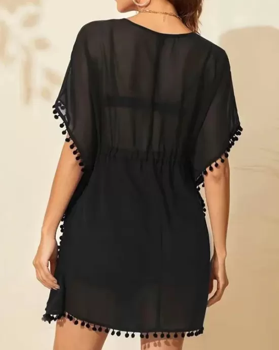 Drawstring See-Through Solid Color Tasseled Batwing Sleeves Loose V-Neck Mini Dresses Beach Cover-Up