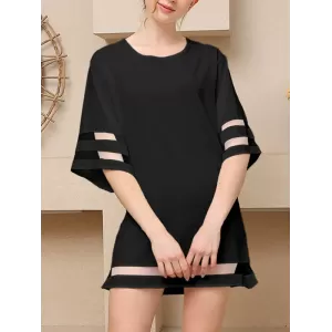 Mesh Solid Color Split-Joint A-Line Half Sleeves Round-Neck Mini Dresses