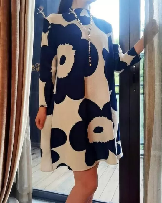 Flower Print Pleated Long Sleeves Loose Mock Neck Mini Dresses