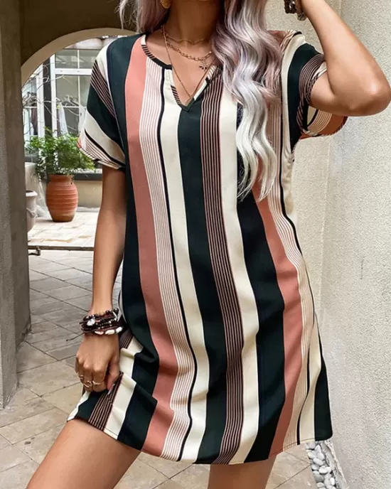 Striped A-Line High Waisted V-Neck Mini Dresses