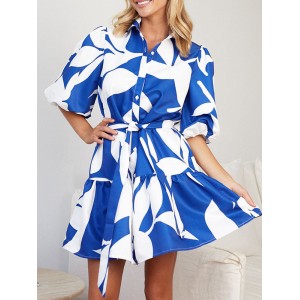 Contrast Color Floral Floral Printed Pleated Tied Waist Loose Puff Sleeves Lapel Shirt Dress Mini Dresses