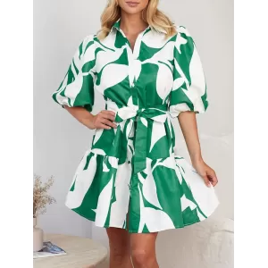 Contrast Color Floral Floral Printed Pleated Tied Waist Loose Puff Sleeves Lapel Shirt Dress Mini Dresses