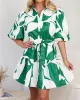 Contrast Color Floral Floral Printed Pleated Tied Waist Loose Puff Sleeves Lapel Shirt Dress Mini Dresses