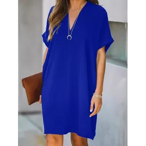 Solid Color High Waisted Loose V-Neck Mini Dresses